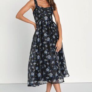 Black Floral Print Bustier Midi Skater Dress | Perfect for wedding season!